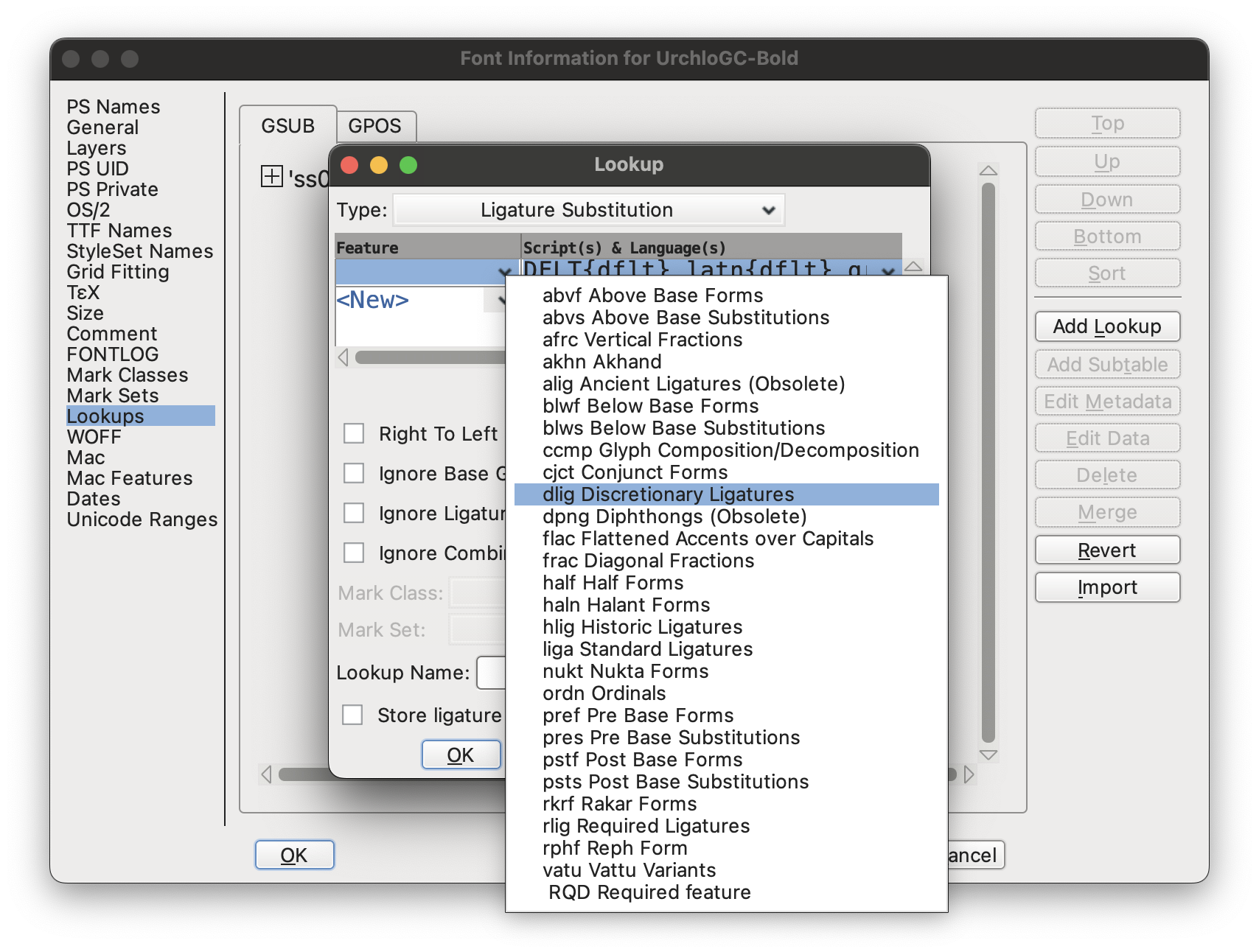 FontForge screenshot of adding a discretionary ligature table