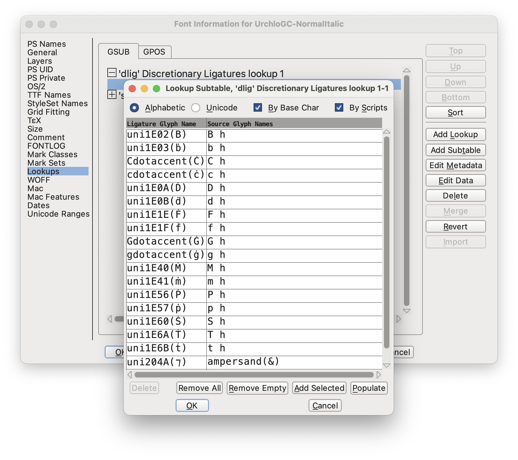 FontForge screenshot of adding a subtable for substitutions