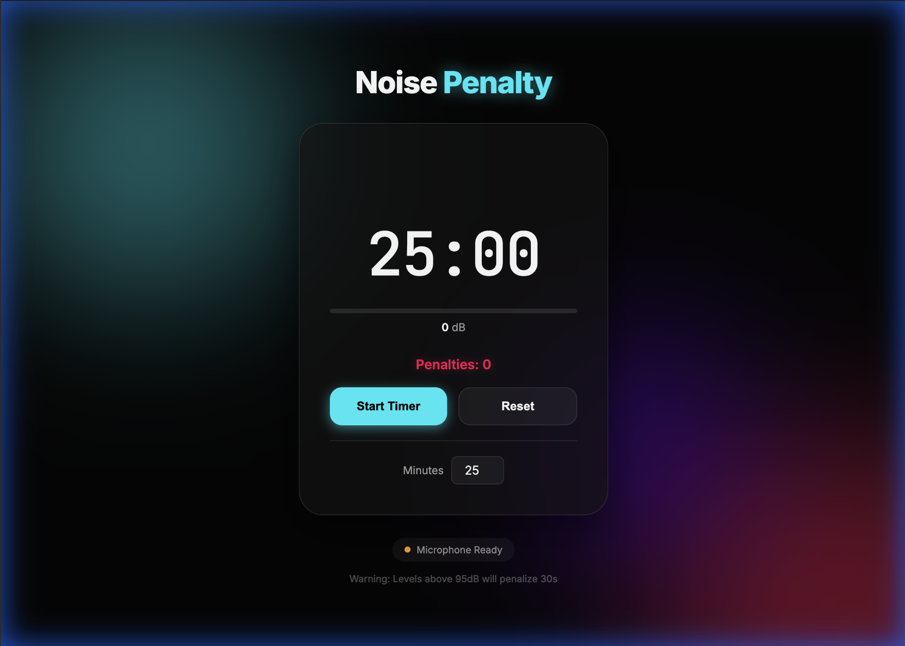 Noise Penalty Timer UI showing a countdown timer, a decibel meter, and a waveform animation